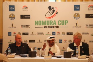 2015 Nomura Cup - Abu Dhabi Opening Press Conference. (Left to right) Dominic Wall, R&A Director of Asia Pacific - H.E. Sheikh Fahim Bin Sultan Al Qasimi, EGF Chairman, - Dr. David Cherry, APGC Chairman 